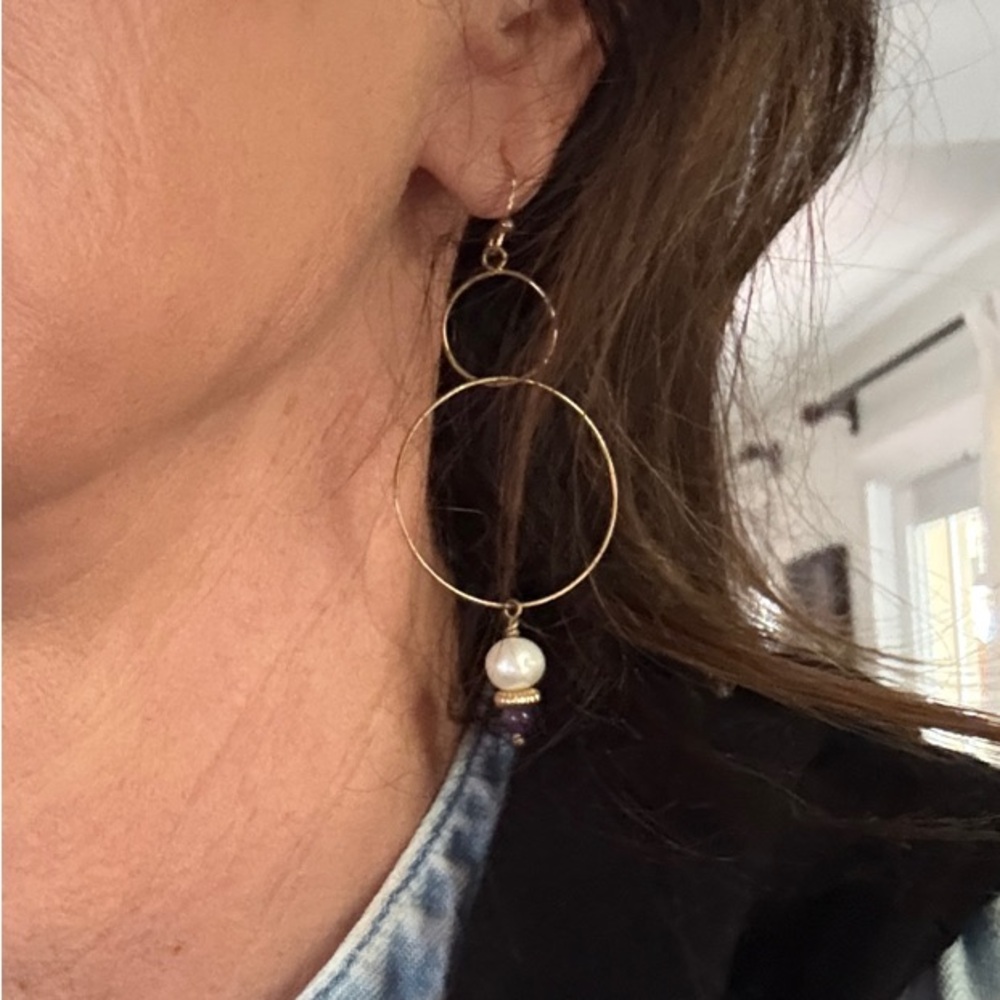 Handmade  Gold Hoop Earrings with Pearl and amethyst Accent